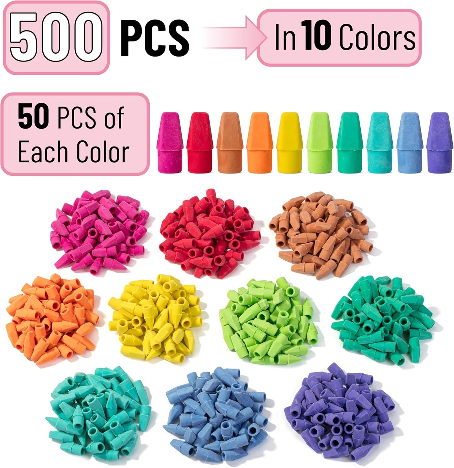 Mr. Pen- Pencil Erasers Toppers, 500 Pack, Colorful, Latex Free, No Smudge, Mr Pen Erasers for Pencils