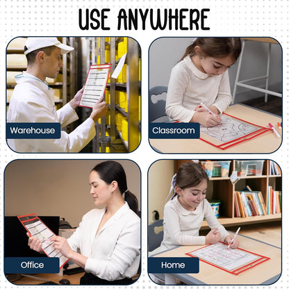 Essex Wares - 5 Pack, Red, Job Ticket Holders, 10" Wide x 13.5" Tall - Clear Plastic Shop Ticket Holders - Easy to Use, Reusable & Easy Erase Plastic Invoice Holders, Water-Resistant & Durable