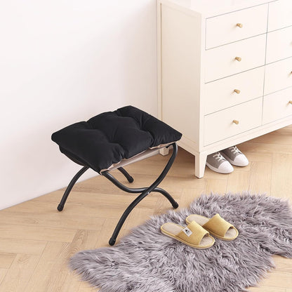 LITA Folding Upholstered Footrest Stool, Modern Small Portable Accent Ottoman with Detachable Thick Cotton Cushion Padded Sofa Stool with Metal Frame for Lazy Chair, Living Room & Bedroom, Black