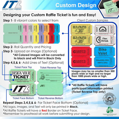INDIANA TICKET CO. Custom 2"x2" Raffle Roll Tickets – Add Your Events Logo/Text, 50/50 Raffle Tickets, Fundraiser, Classroom Rewards, Entry, Drink Tickets, Prize, Carnival, (8 Colors Selection)