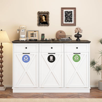 Farmhouse Tilt Out Trash Cabinet, Triple 13 Gallon Wooden Kitchen Trash Can Cabinet with Hideaway Drawer, Freestanding Garbage Recycling Cabinets, Pet Proof, Power Outlets, 59 Inch, White