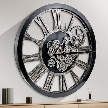 HOIBAI Large Wall Clock, Wall Clocks for Living Room Decor 36 Inch Farmhouse Vintage Rustic Kitchen Wall Decor Vintage Roman Oversized Wall Clock for Home Bedroom House, Moving Gears Clock