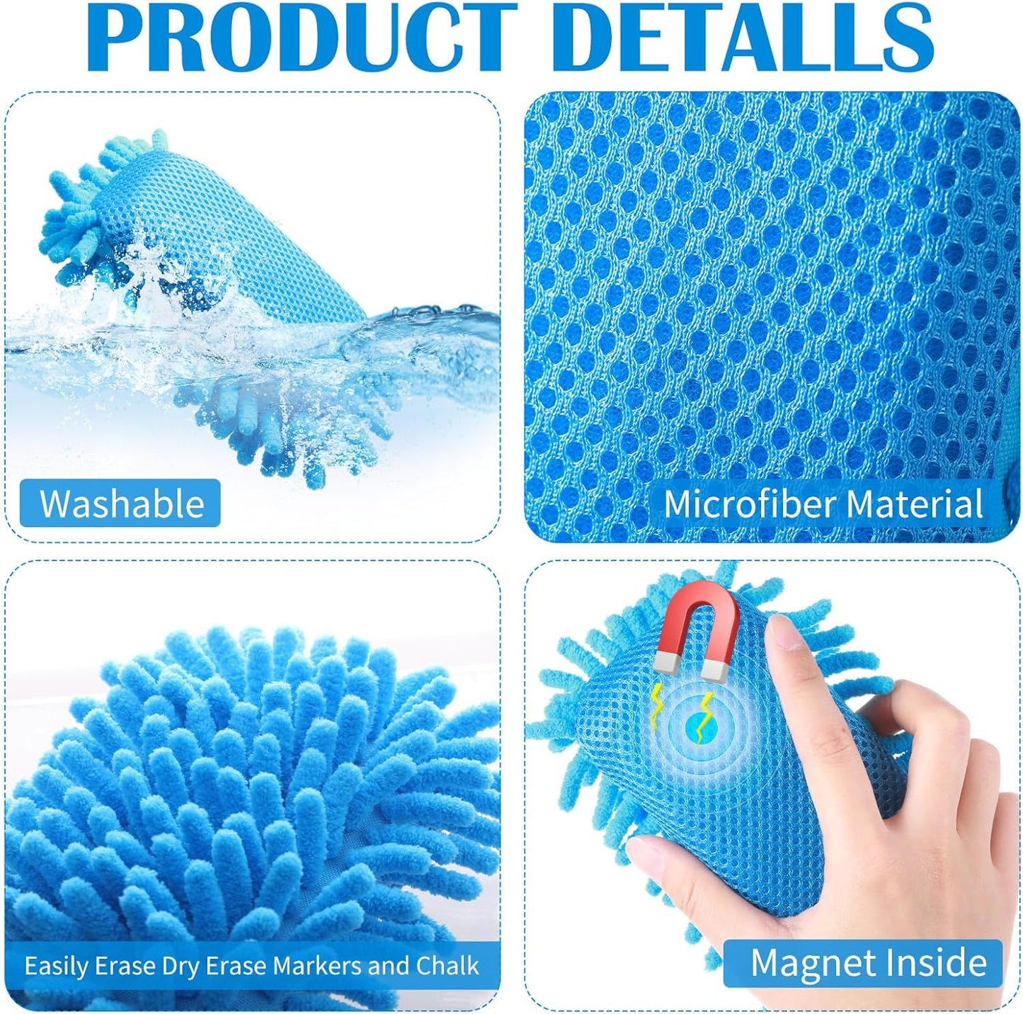 Sherr 18 Pcs Microfiber Shag Magnetic Dry Erase Erasers Washable School Whiteboard Eraser Bulk Colorful White Board Eraser for Chalk Markers Home Classroom Office (Blue)