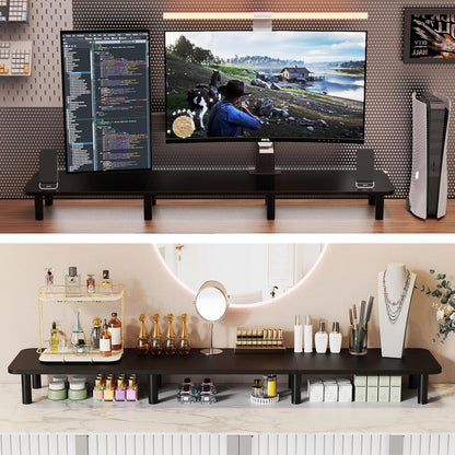 43.7" Extra Long Dual Monitor Stand Riser, Wood & Steel Monitor Stand for 2 Monitors, Wide TV Stand, Desktop Riser for Desk Organization, Home Office，Laptop,Printer,TV (Black)