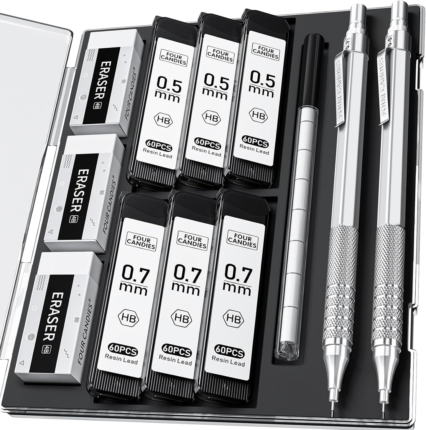 Four Candies 2PCS Metal Mechanical Pencils Set with Case, 0.5mm & 0.7 mm Artist Pencil with 6 Tubes (360PCS) HB Lead Refills, 3 Erasers,9 Eraser Refills For Writing Drafting, Drawing, Silver