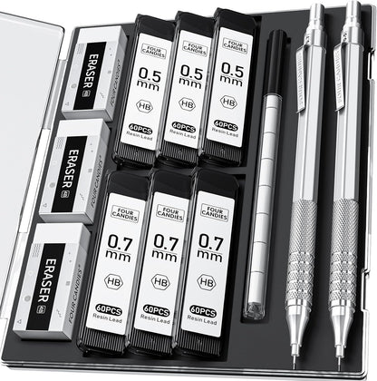 Four Candies 2PCS Metal Mechanical Pencils Set with Case, 0.5mm & 0.7 mm Artist Pencil with 6 Tubes (360PCS) HB Lead Refills, 3 Erasers,9 Eraser Refills For Writing Drafting, Drawing, Silver