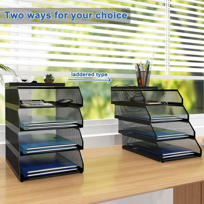 Natwind 4-Tier Stackable Paper Tray, Metal Mesh Desktop Organizer, Paper Sorter, Letter Trays,File Document Storage Rack for for Home, Office, School (Black)