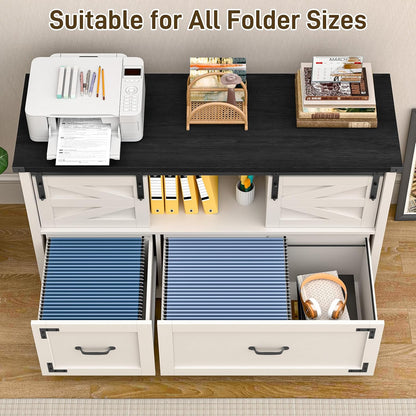 Lateral File Cabinets 2 Drawer with Sliding Barn Doors, Farmhouse Filing Cabinet with 2 Drawer for Home Office，Filing Organization Storage Cabinets for Hanging Files Letter/Legal/F4/A4.(Black.)