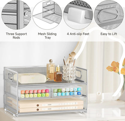 Subekyu 3 Tier Paper Desk Organizer with Handle and 1 PC Slideable Letter Tray, A4 Paper File Folder Sorter Metal Mesh Organizer for Home Office School Desk Supplies Organization Storage, Silver