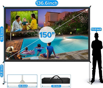 150 inch Projector Screen with Stand, Upgraded 3 Layers PVC 16:9 Outdoor Projector Screen, Outdoor Movie Screen with Carrying Bag for Home Theater Backyard