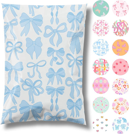 10x13 Designer Poly Mailer 100 Pack Heavy Duty Waterproof Self Seal Shipping Bags for Small Business Large Mailing Envelopes Bulk Tear Resistant Packaging Blue Bows