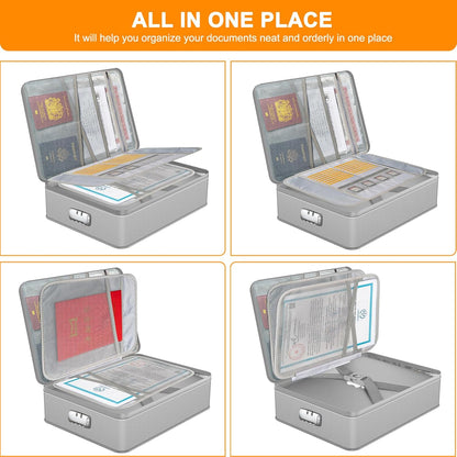 Document Organizer with 5200℉ Heat Insulated, 16.1"x11.4"x4.3" Waterproof and Fireproof Document Box with Lock, Home Strong Fireproof Safe Storage Box for Legal Size Documents and File，Silver