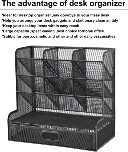 Marbrasse Mesh Pen Holder for Desk, Multi-Functional Pencil Organizer with Drawer, Desk Organizers and Accessories for Office Art Supplies (Large Black)