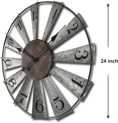 Mrocioa 24inch Windmill Distressed Metal Wall Clocks Rustic Large Decorative Clock Oversized Farmhouse Decor,Non Ticking,Battery Operated