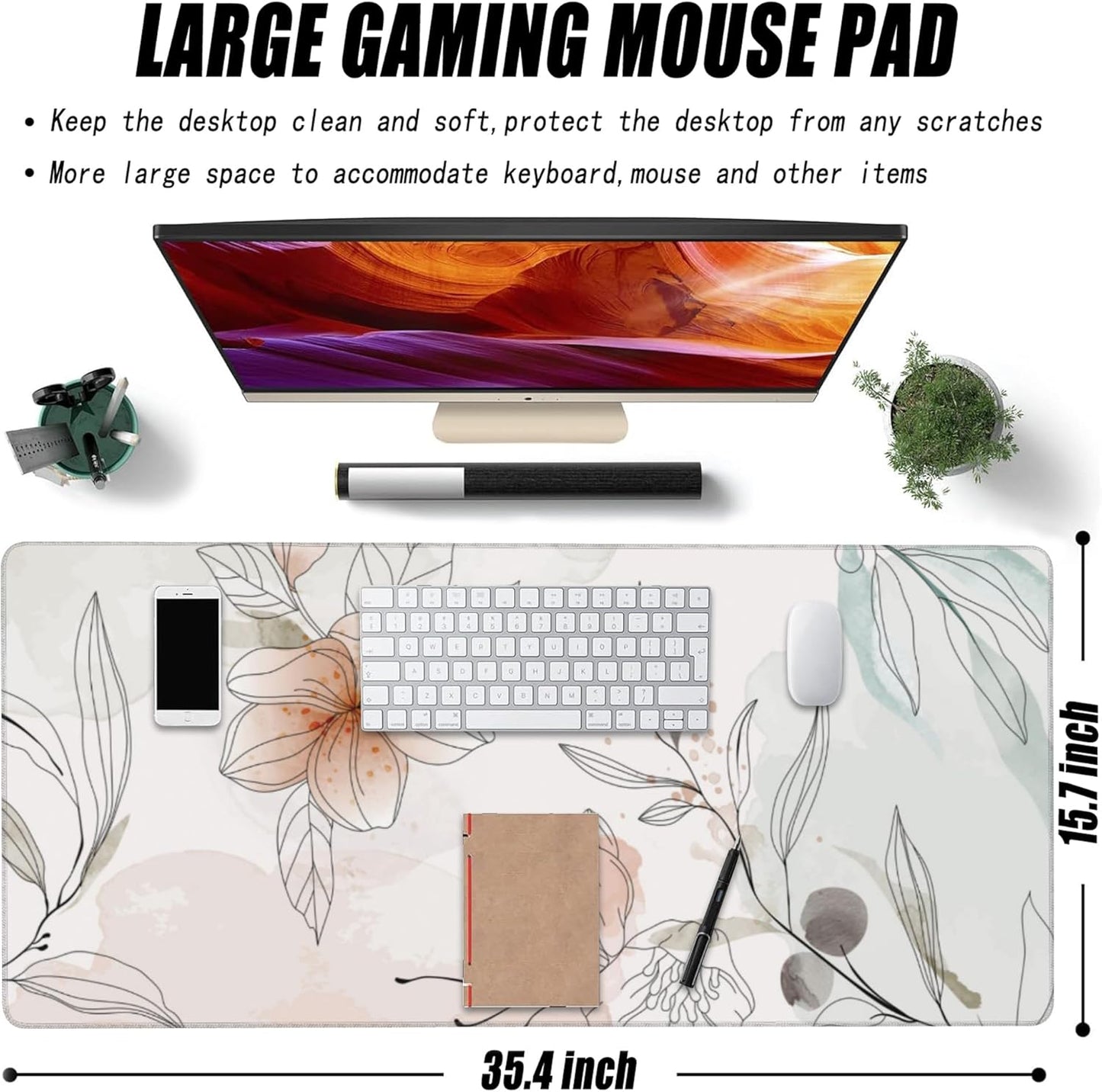 Desk Mat, Abstract Boho Flowers Extended Large Gaming Mouse Pad for Desk XXL, Non-Slip Rubber Base Stitched Edges Long Computer Keyboard Desk Pad Mouse Mat for Home Office Gaming 35.4"X15.7"