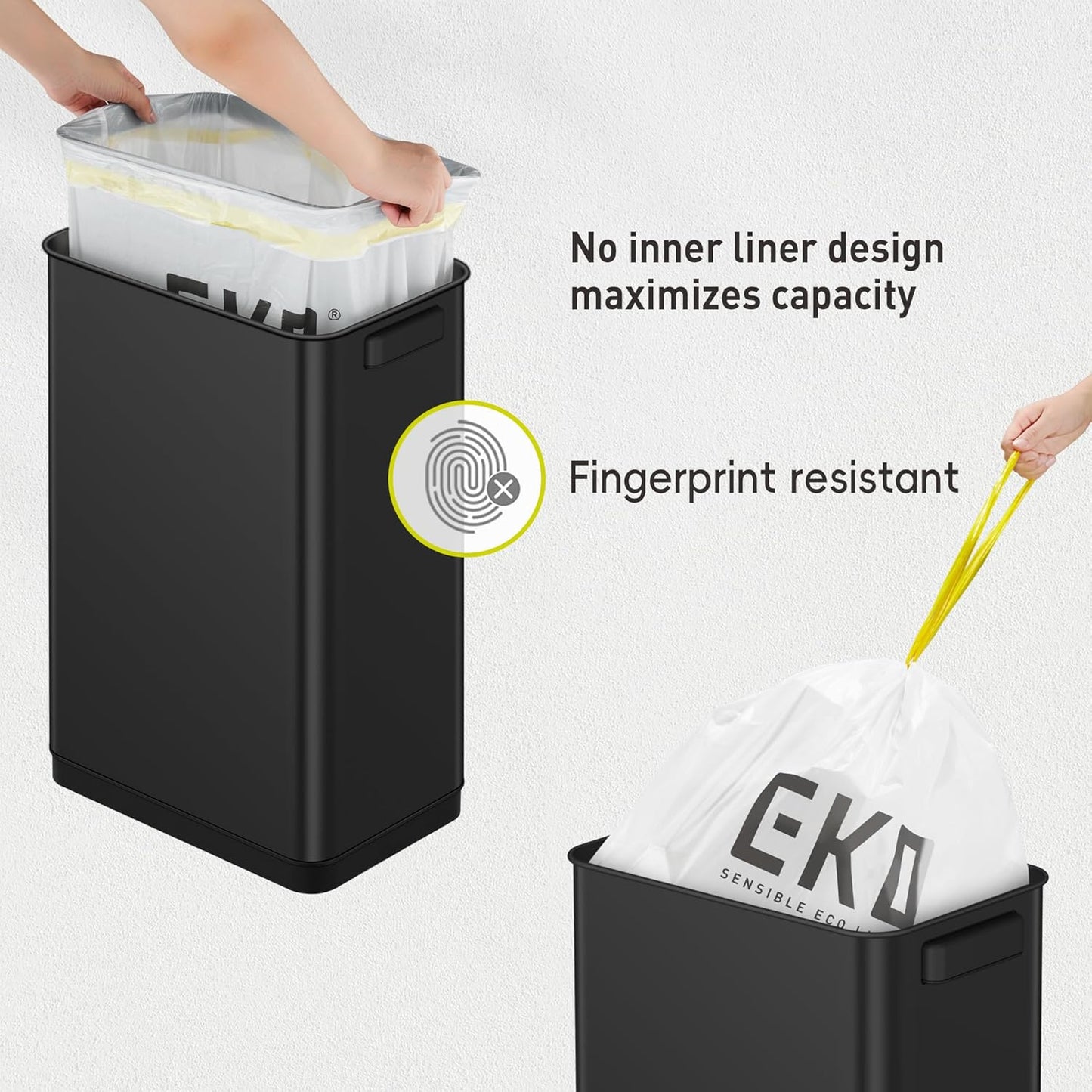 EKO Deluxe Mirage-T 50 Liter / 13.2 Gallon Touchless Rectangular Motion Sensor Trash Can, Matte Black Stainless Steel Finish