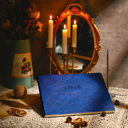 Leather Guest Book and Pen Stand Set, 10.5" x 8" Embossed Guests Sign in Book Registry Book for Funeral, Wedding Reception, Vacation Homes and Events, 80 Sheets (Blue)