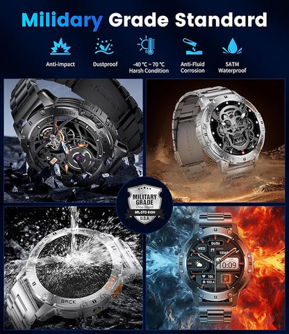 Military Smart Watches for Men(Answer/Make Calls) with LED Flashlight,530mAh Large Battery,1.43" AMOLED Outdoor Sports Smartwatch with 170+ Sport Modes,5ATM Waterproof Fitness Tracker for iOS Android