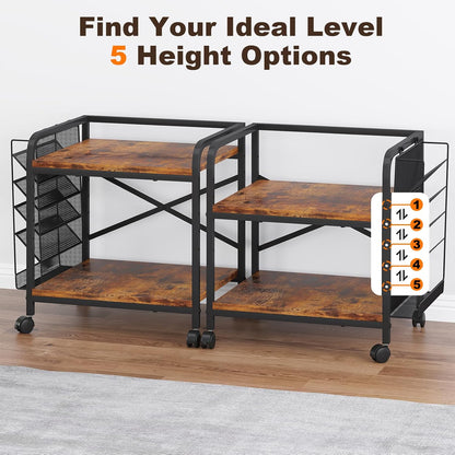 EasyCom Large Printer Stand with File Holder Organizer, Adjustable Height Shelf with Wheels, Rolling Printer Cart with Storage for Printer Scanner Fax Home Office Use Rustic Brown