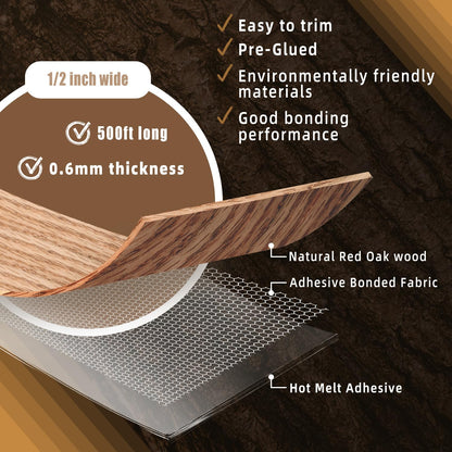 GSCIT Club Red Oak Edge Banding, 1/2 inch x 500ft roll of Wood Veneer Edge Banding Pre-glued Flexible, Real Wood Tape Banding for Cabinet Repair Furniture Restoration