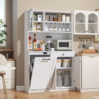 OLD CAPTAIN Tilt Out Trash Cabinet with Deodorising Function, Kitchen Hutch with Microwave Shelf and Drawer, Kitchen Pantry with Trash Cabinet for 10 Gallons, White