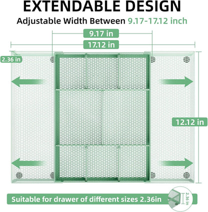 Marbrasse Expandable Desk Drawer Organizer, Mesh Drawer Organizer Tray with 10 Adjustable Compartments, Desk Organizers and Accessories for Office Supplies, Makeup & Vanity (Expandable-Green)