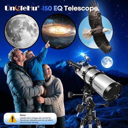 UncleHu 150EQ Newtonian Reflector Telescope for Adults High Powered, Professional Equatorial Telescopes for Adults Beginners with Portable Carry Bag, Phone Adapter, Stainless Steel Tripod, Moon Filter