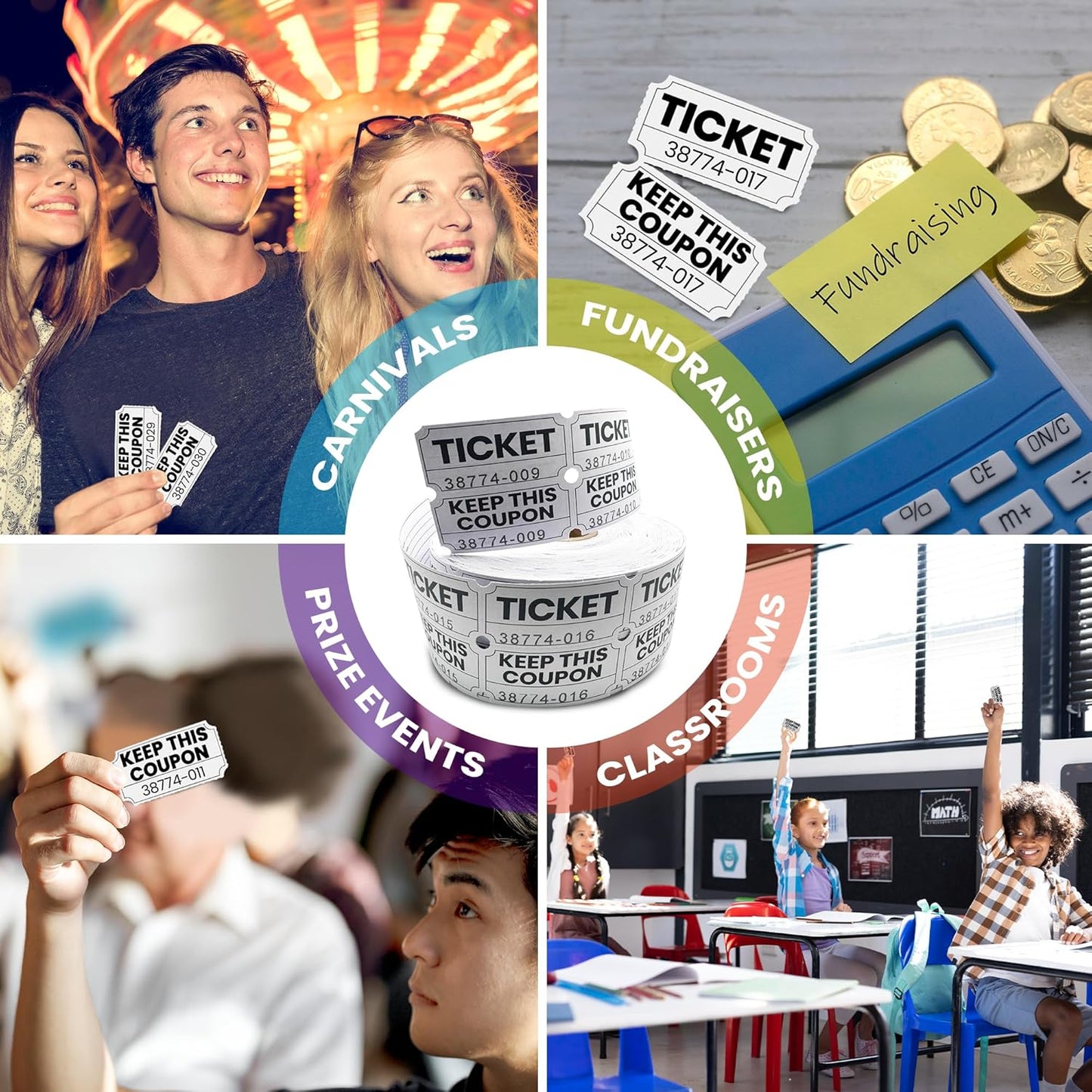 Pm Company 1000 White Raffle Tickets Double Roll, 50/50 Raffle Tickets for Events, Carnivals, Fundraisers, Classroom Rewards, and Prizes - Premium Quality