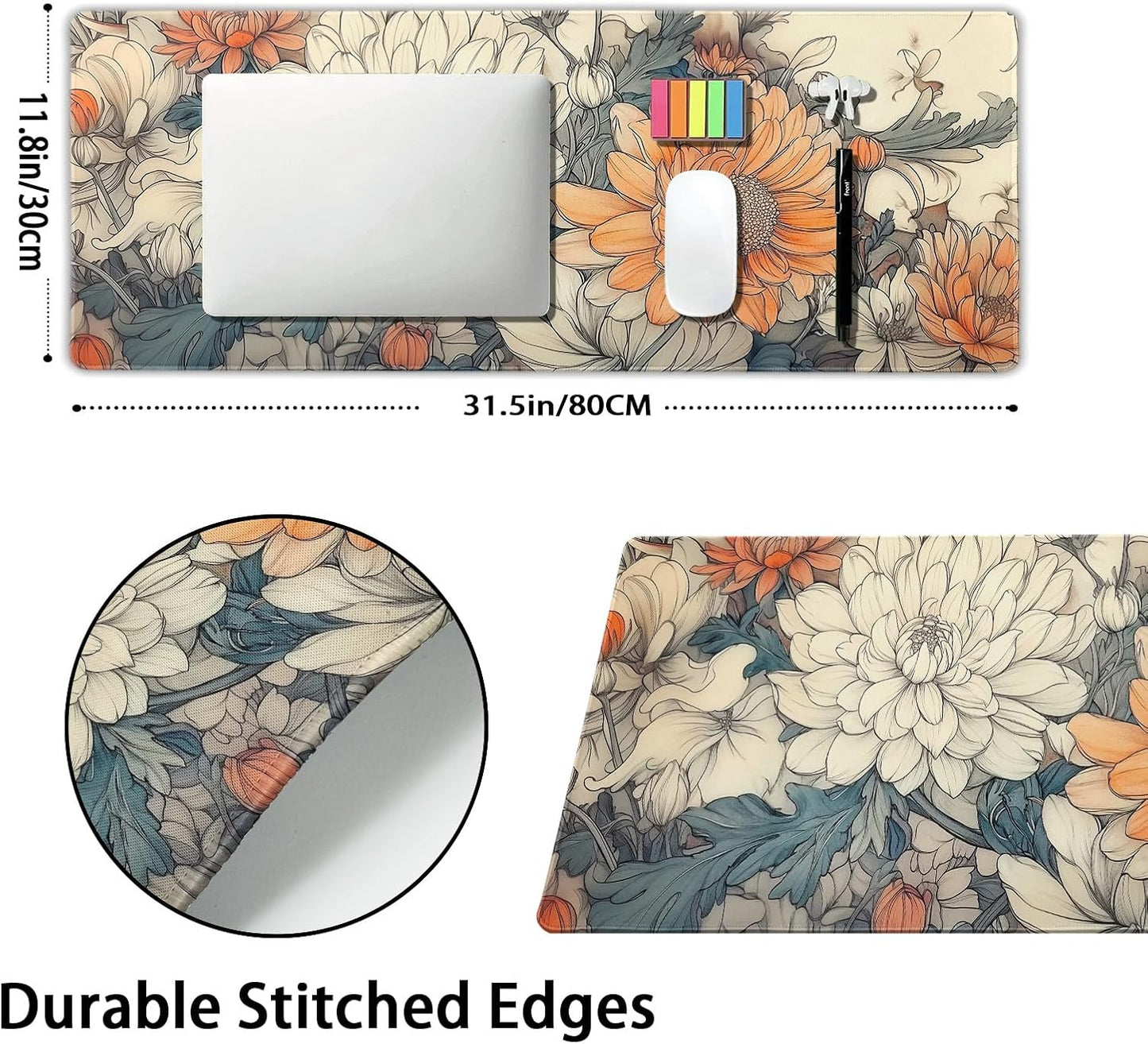 Minimalist Floral Gaming Mouse Pad XL White Orange Aesthetic Flowers Japanese Extended Large Mat Mousepad Desk Pad Non-Slip Rubber Base Stitched Edge Long Keyboard Pad for Computer,31.5×11.8 Inch