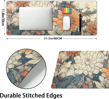 Minimalist Floral Gaming Mouse Pad XL White Orange Aesthetic Flowers Japanese Extended Large Mat Mousepad Desk Pad Non-Slip Rubber Base Stitched Edge Long Keyboard Pad for Computer,31.5×11.8 Inch