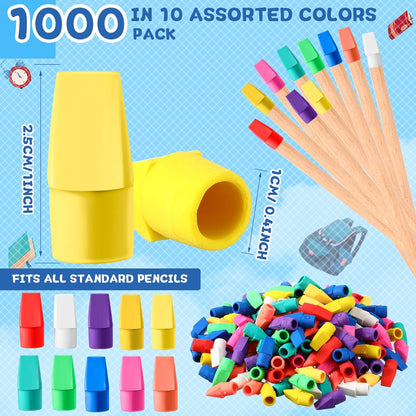 Crtiin 1000 Pcs Pencil Top Erasers Bulk Caps for Pencils Chisel Shape Erasers Toppers Classroom Party Favors Games Prizes Funny Pencil Eraser Cap for Kids Studying Supplies Home Office