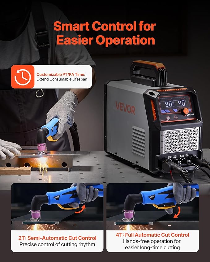 VEVOR Plasma Cutter, 65A Non-Touch Pilot Arc Plasma Cutting Machine, 110V/220V Dual Voltage Digital Display IGBT Inverter - with 2T/4T Function & Adjustable PA/PT Time for Home Repairs, Workshops