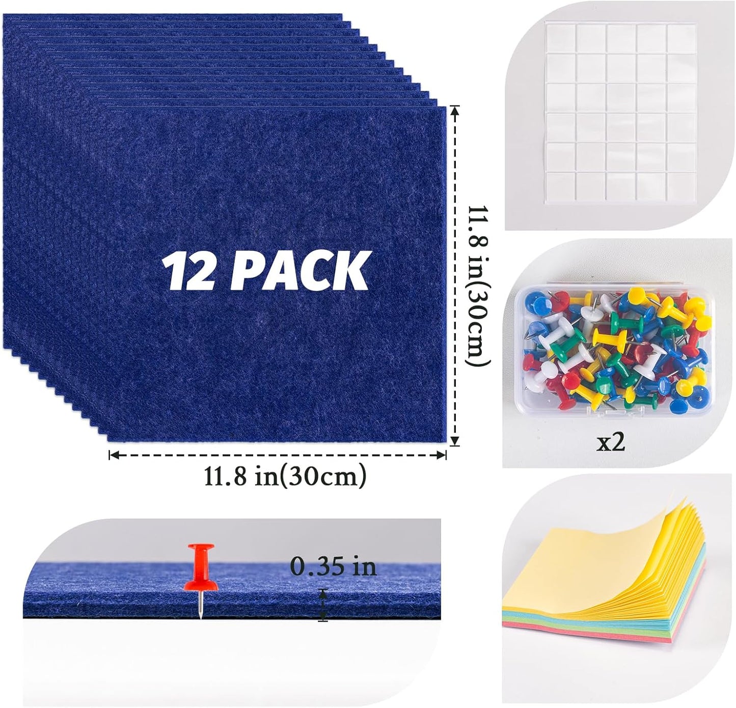 Large Cork Board Alternative, 12 Pack Felt Board with Safe Removable Adhesive Tabs Felt Wall Tiles, Large Cork Boards for Walls, Cork Board for Home Office, Pin Boards for Walls, Royal Blue