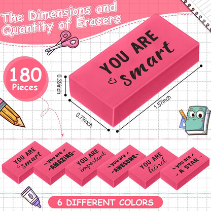 180 Pcs Inspirational Erasers for Kids Christian Pencil Erasers Bulk, Back-to-School Gifts Motivational and Cute Supplies for Students Classrooms, Drawing(Pink,Motivational)