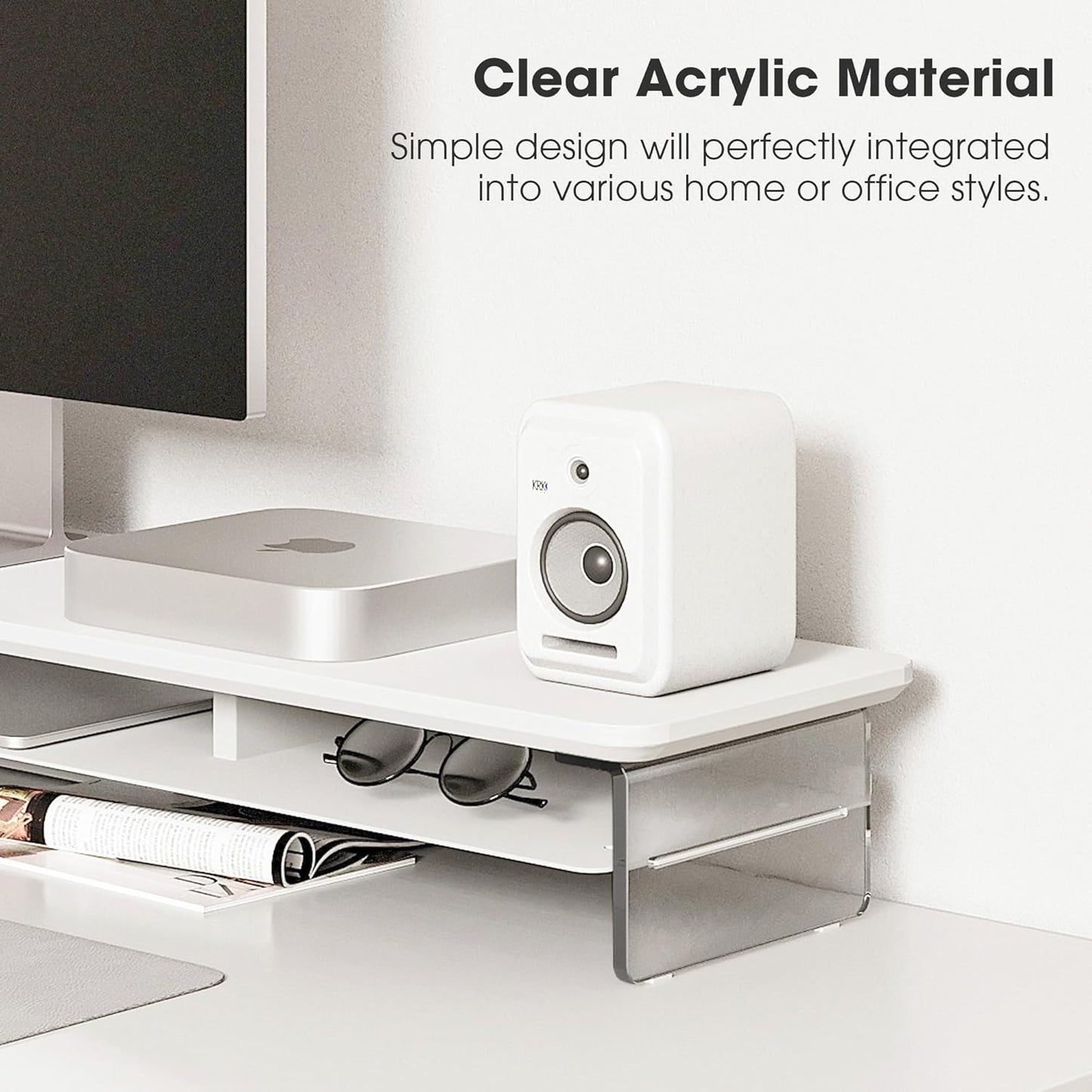 Fenge Acrylic Monitor Stand Riser, 42.5 Inches Dual Monitor Stand with Metal Storage, 2 Tier Acrylic Computer Riser for Desk, Clear Laptop Stand for PC, Laptop, Printer, TV, White