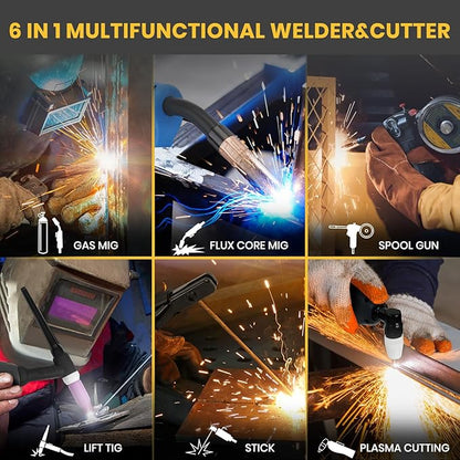 SSIMDER MIG Welder 6 in 1 Gas MIG/Flux Core/Spool/TIG/Stick/CUT 110V 220V 160A Welder Plasma Cutter Combo Welding Machine for Home DIY Outdoor Industrial Use