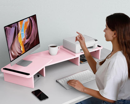 Zimilar Dual Monitor Stand Riser, Monitor Stand with Adjustable Length and Angle, Wood Monitor Stand for Desk, Monitor Riser for 2 Monitors with Storage Space