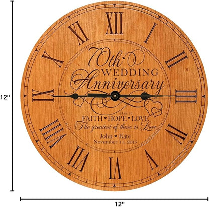 LifeSong Milestones Personalized 70th Anniversary Engraved Cherry Wall or Desktop Clock for Living Room Bedroom, Kitchen, Office, New Home, Couples Gift 12 Inch Diameter (Faith Hope Love)