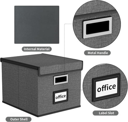 Huolewa File Organizer Boxes with Lids, Linen Office Document Storage Boxes, Filing Boxes, Decorative Small File Boxes for Hanging Files with Plastic Slide for Office/Cabinet/Decor/Home