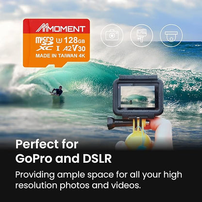 MMOMENT 128GB Micro SDXC Card MM23, A2, UHS-I, U3, V30, Class 10 Compatible, Read Speed Up to 160 MB/s, Write Speed Up to 100 MB/s, SD Adapter Included