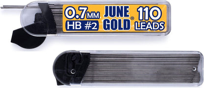 June Gold 8 Pack 0.7 mm HB #2 Mechanical Pencils, Extra Long Spin Eraser, 2 Lead Dispensers/w 220 Refills & 8 Refill Erasers, Break Resistant Lead, Soft Non-Slip Grip