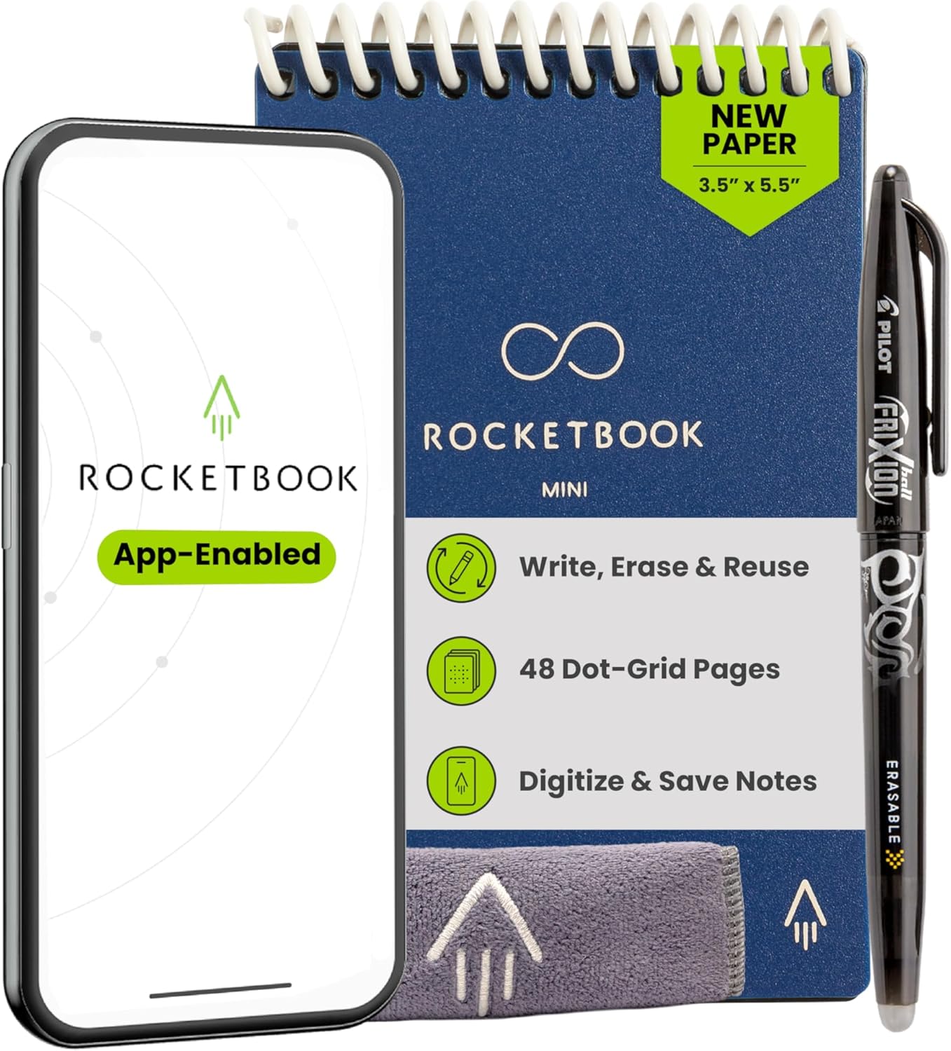 Rocketbook New Mini Reusable Smart Notepad, Pocket Size Notebook 3.5x5.5, Dark Blue - Dotted Pages, App-Connected, Erasable, Ideal for On-The-Go List Taking & Quick Notes Anywhere