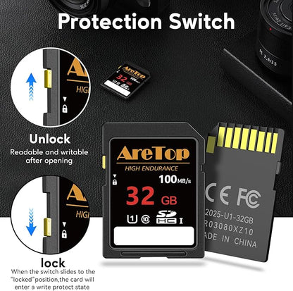 AreTop SD Card 32GB, 5 Pack UHS-I Class 10 SDHC Memory Card, 5 Pack 32GB Full HD Video Secure Digital Cards for Cameras, DSLR, Action Cams and Trail Camera