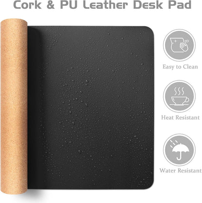 Aothia Dual-Sided Desk Pad - 37.8x17 inches Leather Desk Mat, Natural Cork Desk Pad Protector, Large Mouse Pad for Desk, Waterproof Desk Blotter Pad, Desk Writing Pad for Office Work/Home, Black