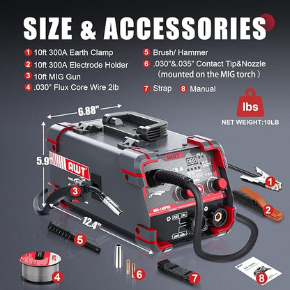 AWT 140Amp MIG Welder Flux Core MIG Welder/Stick/Lift TIG 3 in 1 Welding Machine, Welder Machine 110V With Synergy IGBT Inverter, Portable Gasless Welder Equipment