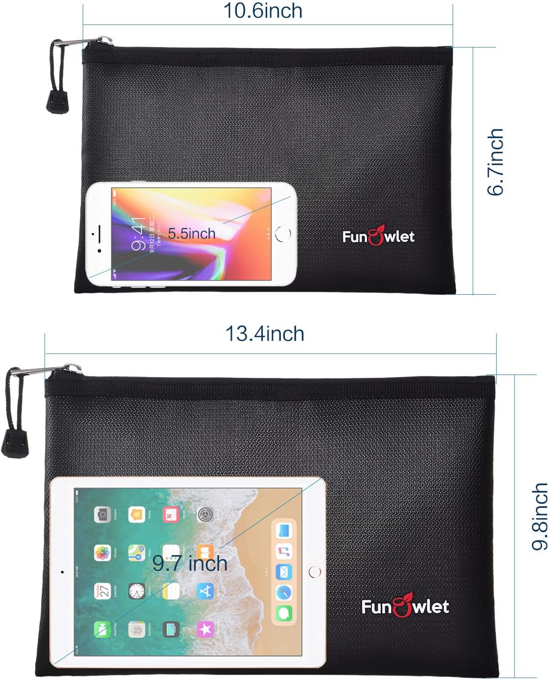 Fireproof Safe Money Document Bags - 2 Pack 13.4" x 9.8" and 10.6" x 6.7" Waterproof Zipper Bag, Fire & Water Resistant Storage Organizer Pouch for A4 A5 Documents Holder,File,Cash,Passport,Tablet