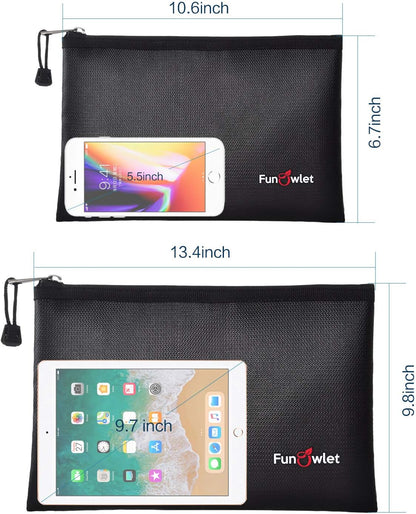 Fireproof Safe Money Document Bags - 2 Pack 13.4" x 9.8" and 10.6" x 6.7" Waterproof Zipper Bag, Fire & Water Resistant Storage Organizer Pouch for A4 A5 Documents Holder,File,Cash,Passport,Tablet