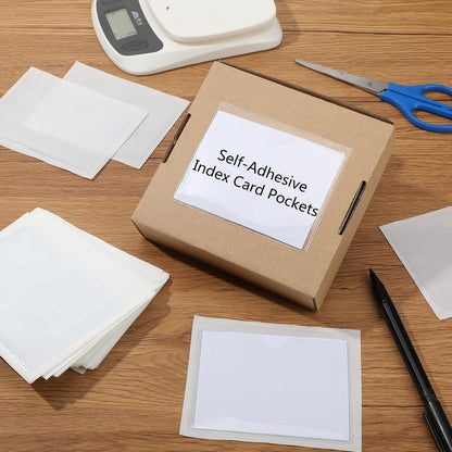 Outus 100 Pcs Clear Self Adhesive Pockets - Bin Labels for Storage Bins, Pocket Label Sleeves, Plastic Index Card Holder with Top Open for Organizing Bins Box Drawer(3.5 x 4.4 Inch)