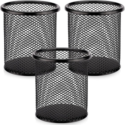 Segarty Pen Holder, 3 Pack Round Black Pen Cup Holder for Desk, Wire Mesh Pencil Containers Set for Office Supplies, School Maker, Home Desktop Accessories Organizer, Makeup Brush