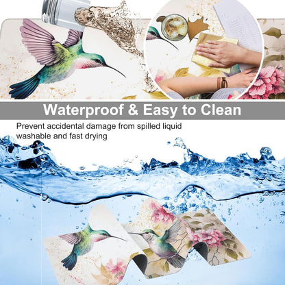 Desk Mat, Pink Flowers and Colibri Birds Extended Large Gaming Mouse Pad for Desk XXL, Non-Slip Rubber Base Stitched Edges Long Computer Keyboard Desk Pad Mouse Mat for Home Office Gaming 35.4"X15.7"